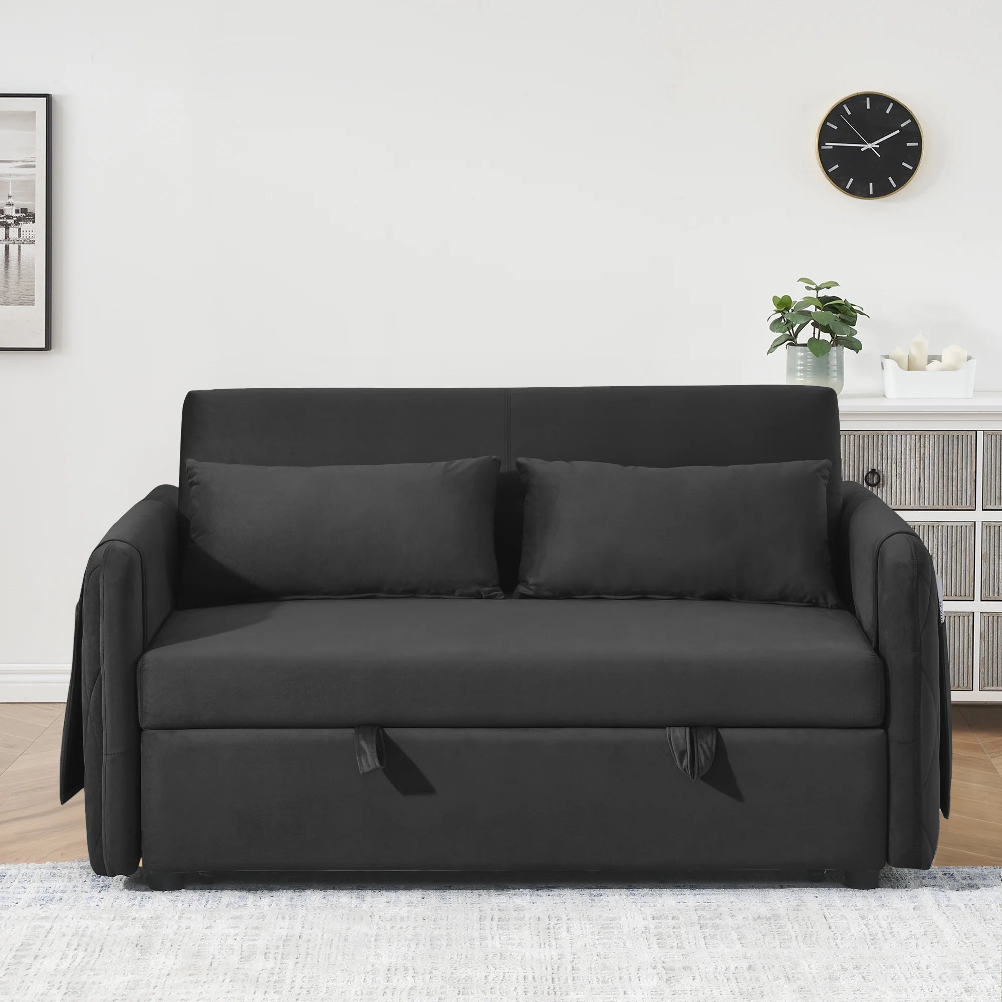 Convertible Sofa Bed, 3 in 1 Sleeper Sofa with 2 Pillows and Adjustable Backrest for Living Room Office, Black