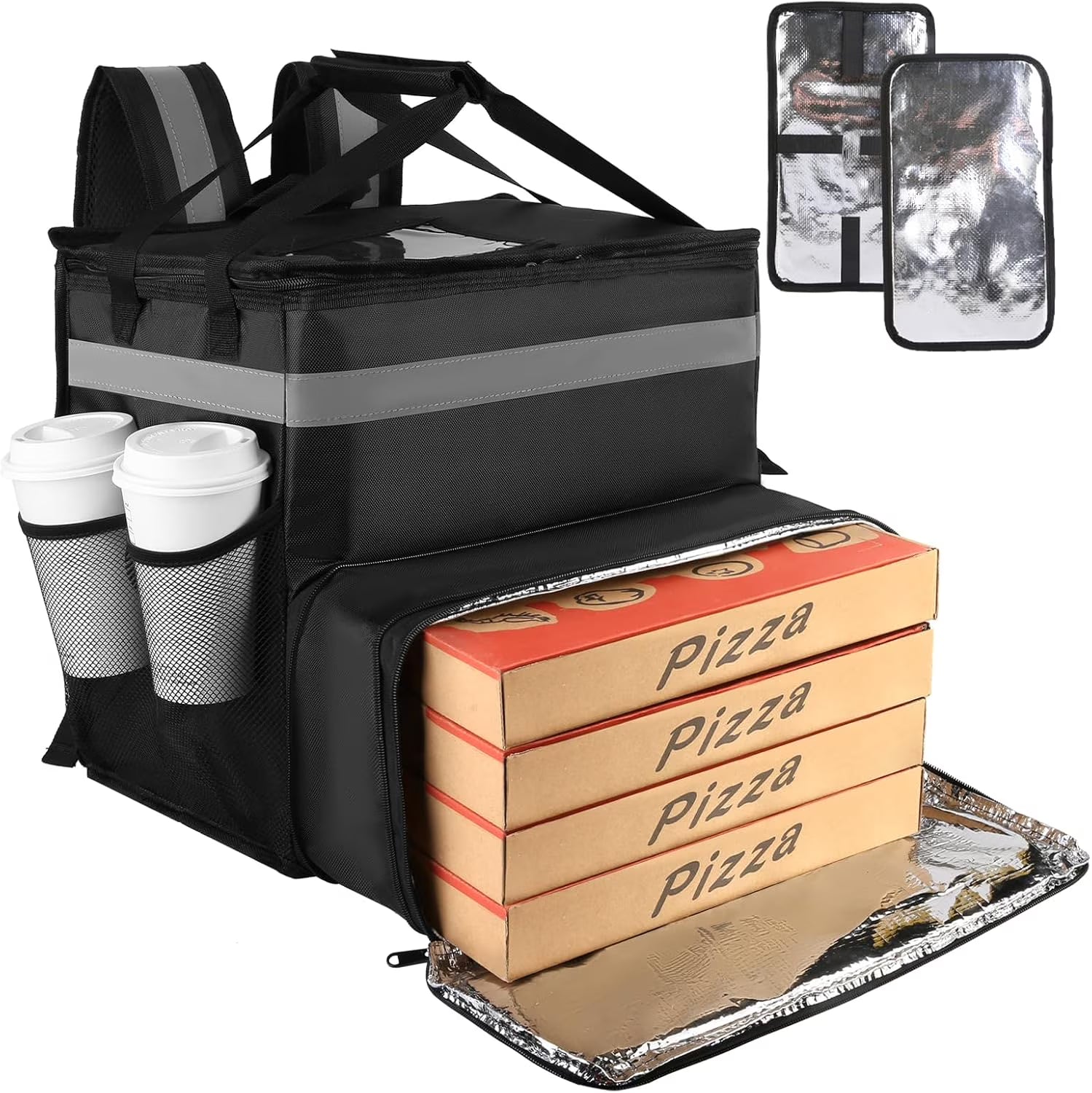 Large Insulated Food Delivery Bag, Expandable Cooler Backpack for Doordash Uber Eats, Reflective Strip Cup Holders, Reusable Pizza Carrier with Hand Straps, Bike Motorcycle Use