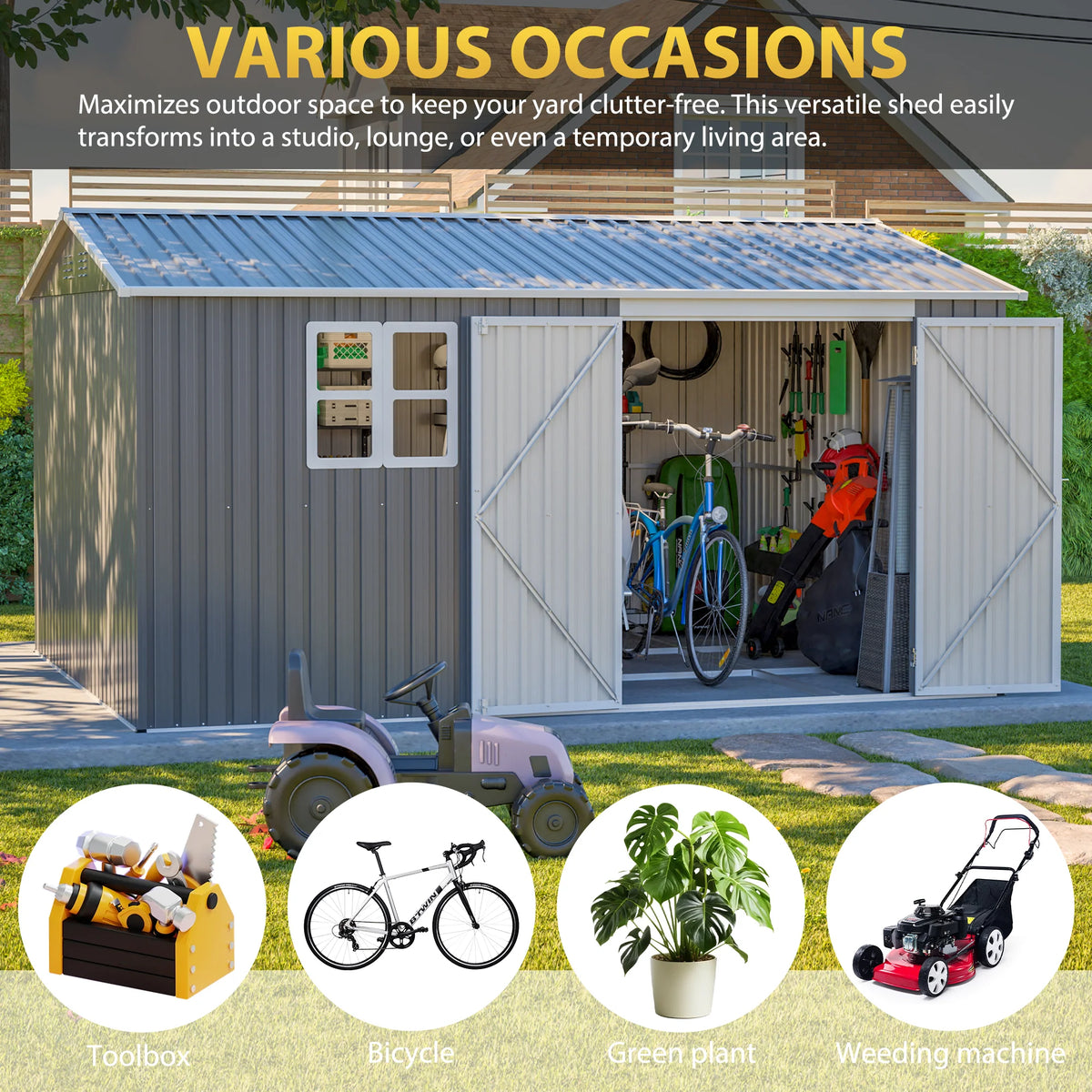 AECOJOY 12x10 FT Outdoor Storage Shed Metal, Large Garden Tool Sheds, Waterproof Steel Utility Storage Building