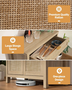 Nopurs Rattan Sideboard Buffet Cabinet, Boho Storage Cabinet Buffet Table with Doors and Drawer, Coffee Bar Cabinet for Kitchen Entryway Living Dining Room, Light Oak