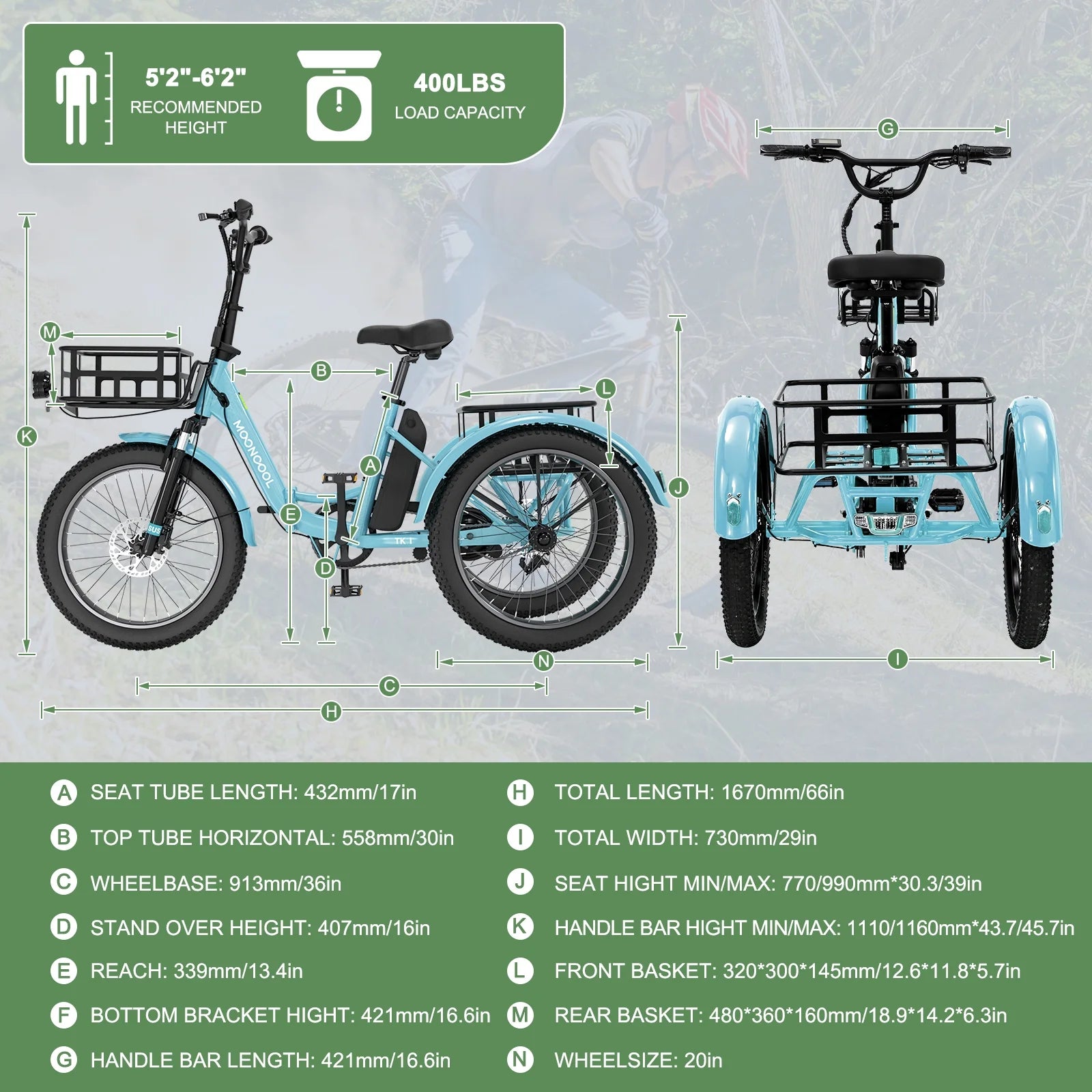 ABORON 3.0 Fat Tire Electric Trike for Senior Foldable E - Bike, 500W Motorized Tricycle Adult 20" Folding 3 Wheel Electric Commute Bike Trike W/48V Battery and Storage Baskets