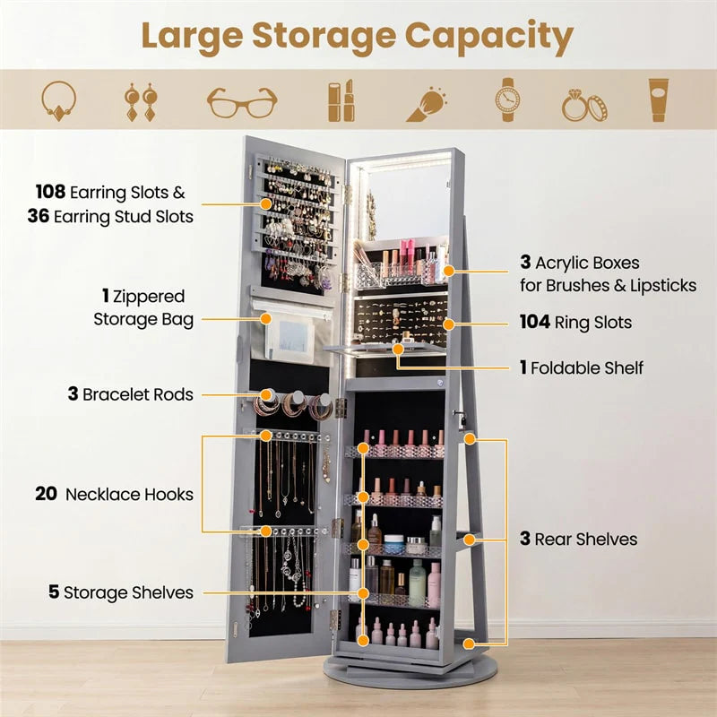 360° Swivel Jewelry Cabinet Armoire w/ Full Length Mirror 3-Color LED Lights & Rear Shelves, Lockable Standing Jewelry Storage Organizer