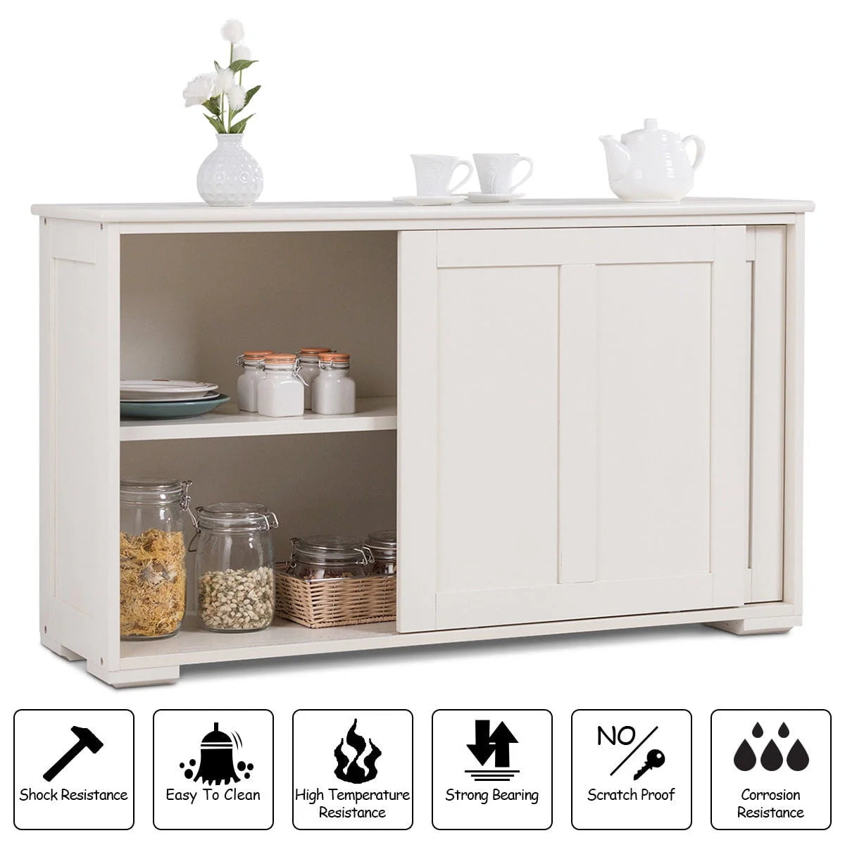 Costway Kitchen Storage Cabinet Sideboard Buffet Cupboard Wood Sliding Door Pantry Cream White
