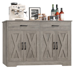Hiphuta 47"farmhouse Sideboard Storage Cabinets with 4 Doors & 2 Drawers, Coffee Bar with Brown Top for Living Room, White