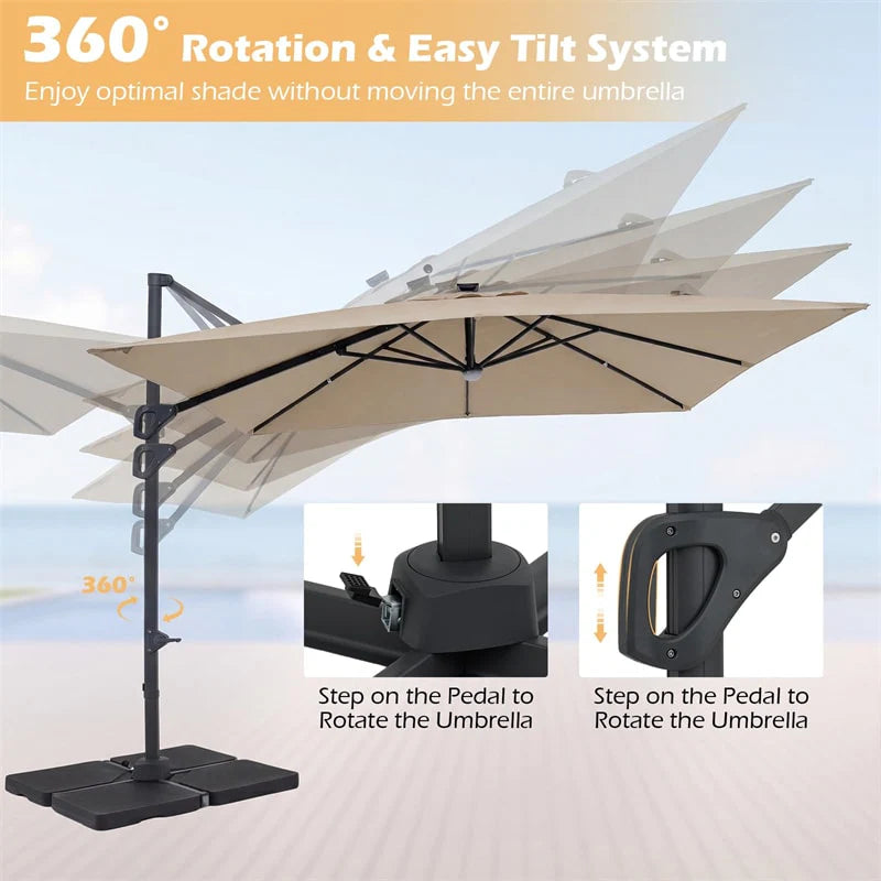 10 FT Cantilever Patio Umbrella with 32 Solar LED Lights, 360° Rotation & Easy Tilt, Square Outdoor Offset Hanging Umbrella with Cross Base