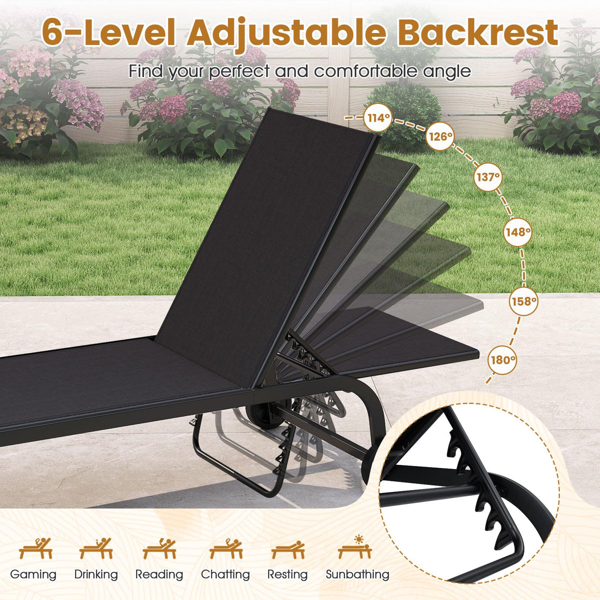 Tangkula Lounge Chair Outdoor 6-Position Recliner Metal Frame  Breathable Fabric (1/2)