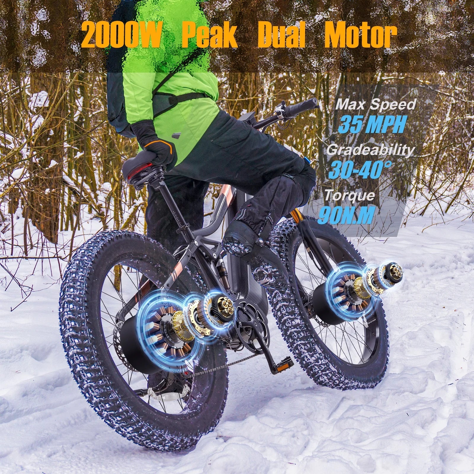 Dual Motors AWD 2000W Electric Bike for Adult 26'', UL2849 48V 60AH Removable Battery E - Mountain Bike 4'' Fat Tire up to 35MPH&200miles Long Range Off Road Ebike Beach Dual Hydraulic&Brakes E - Bicycle