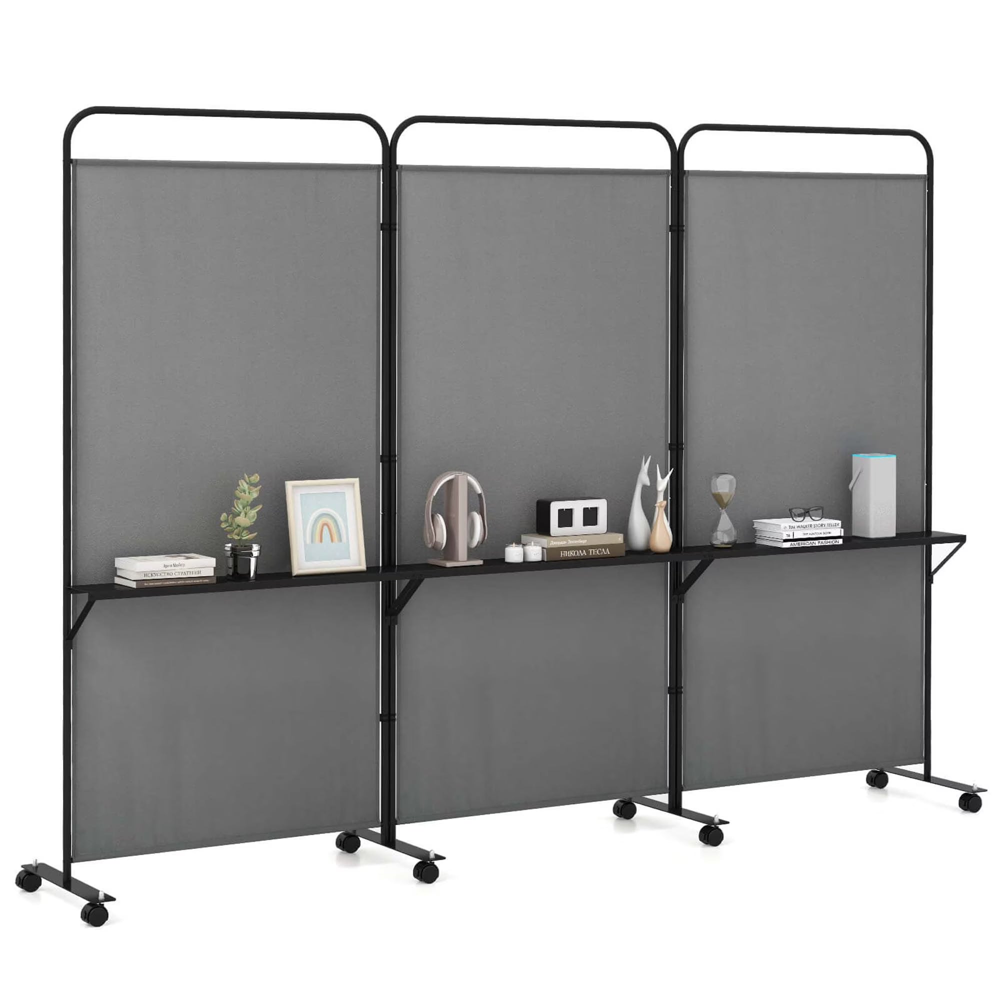 Costway 3 - Panel Room Divider with Storage Shelves 6FT Tall Folding Privacy Screen on Wheels Black