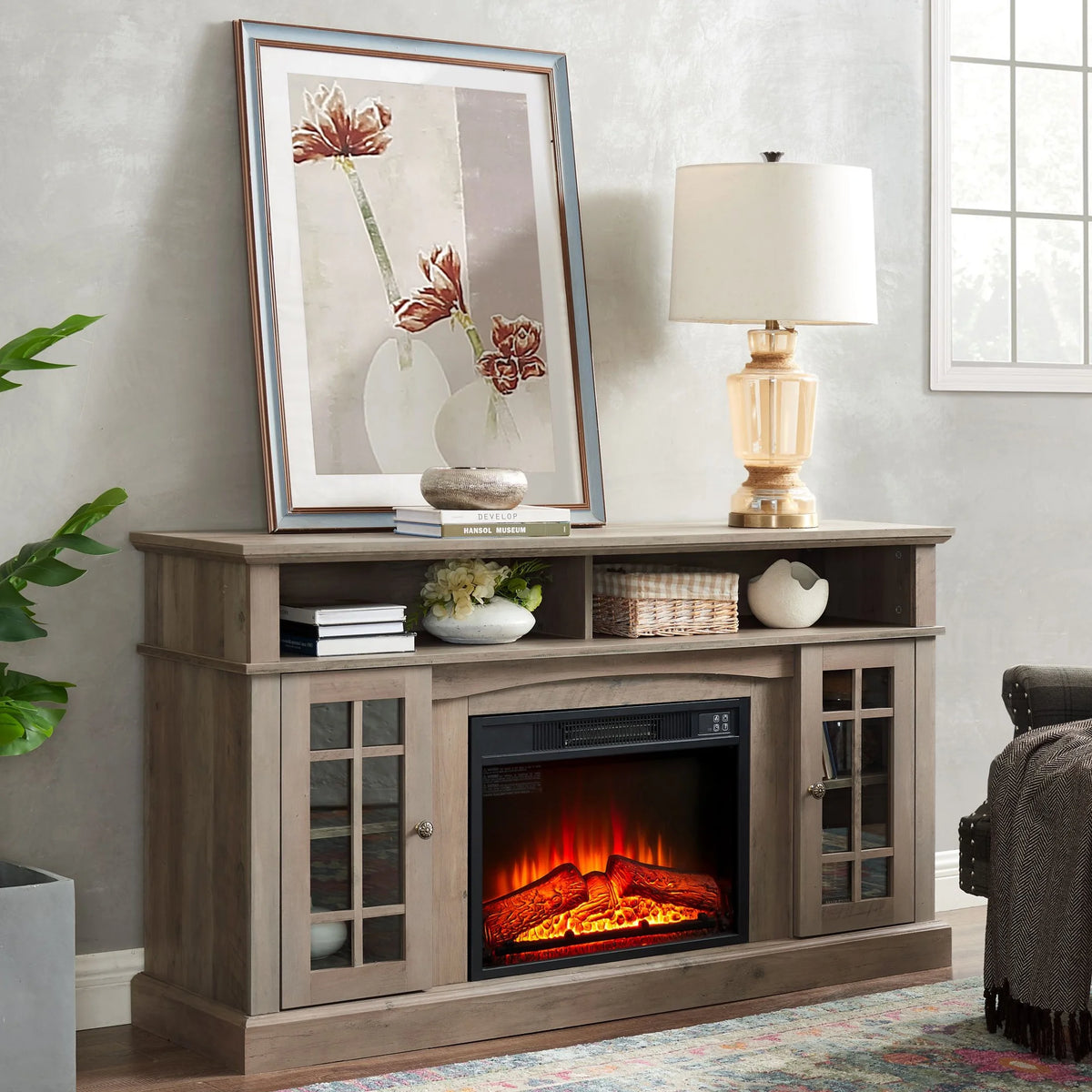 Sesslife Electric Fireplace TV Stand with Remote Control for 65 in TV, Farmhouse TV Console Table with Open Storage Shelves & 2 Cabinets, Wooden Media Entertainment Center for Living Room, Gray