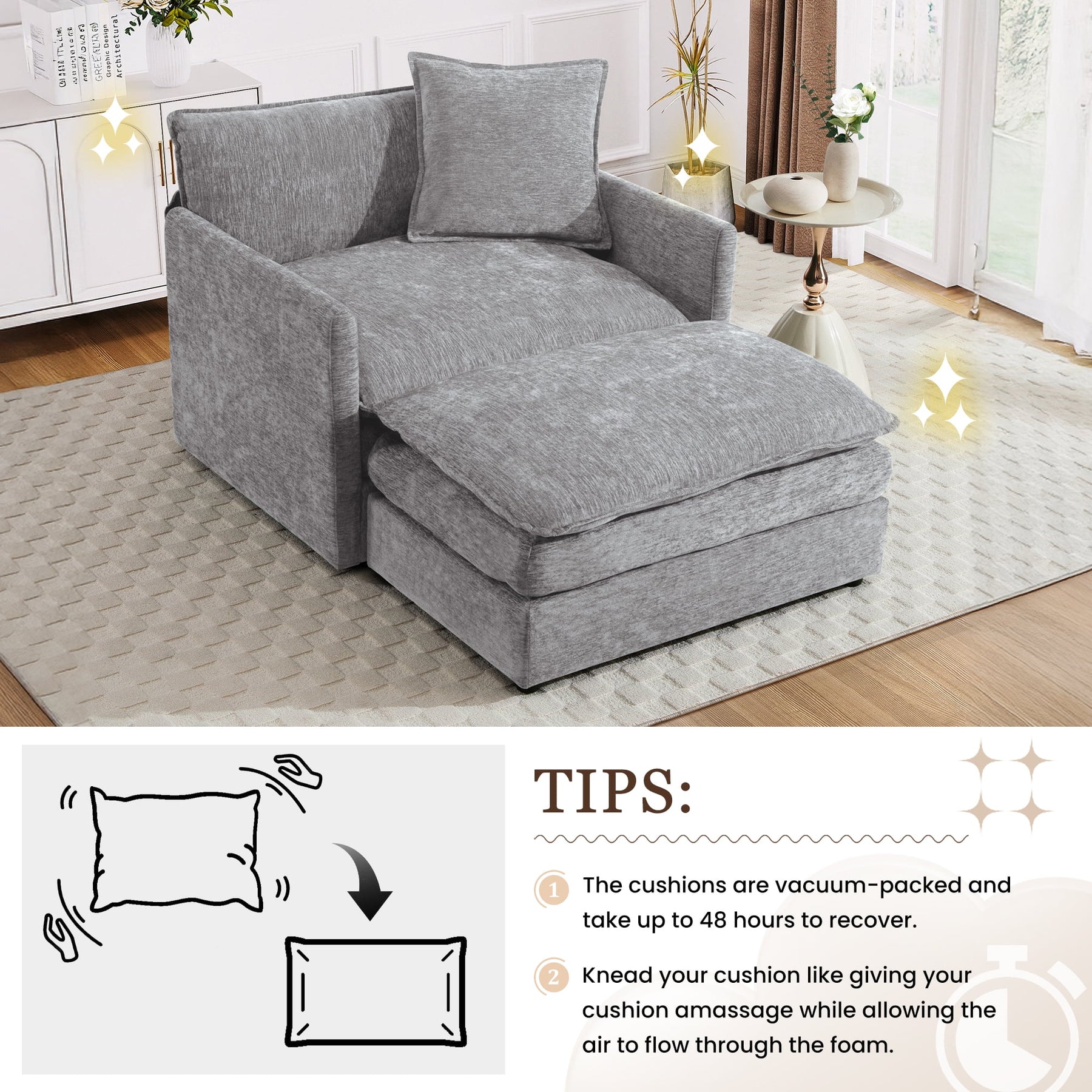 Muumblus Oversized Lounge Chair with Ottoman, Cloud Accent Armchair for Living Room, Beige Chenille