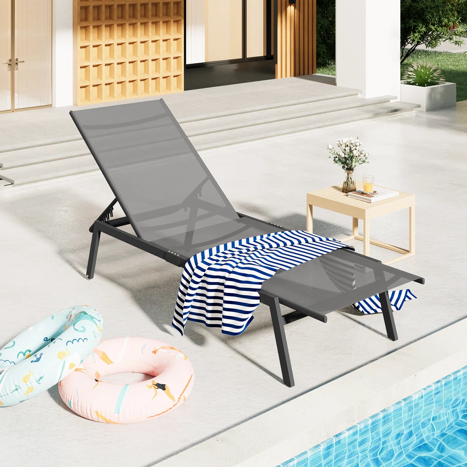 AECOJOY Patio Lounge Chairs, Outdoor Chaise Lounge with Wheels, Dark Grey
