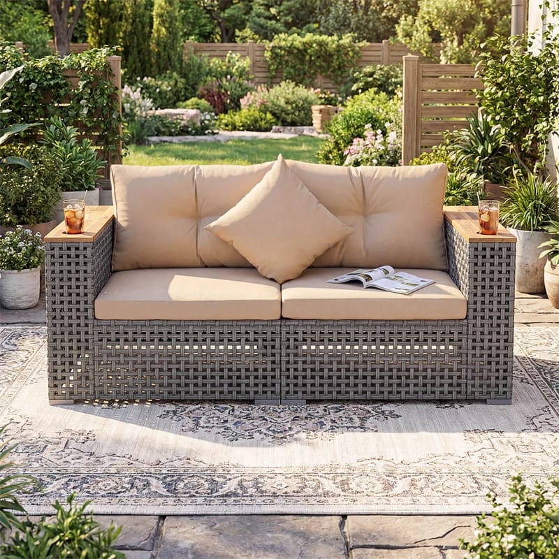62.5" Patio Wicker Loveseat w/ Acacia Wood Armrests & Cup Holders, 2PCS Modular Rattan Corner Sectional Sofa w/ Cushions & Pillows for Backyard