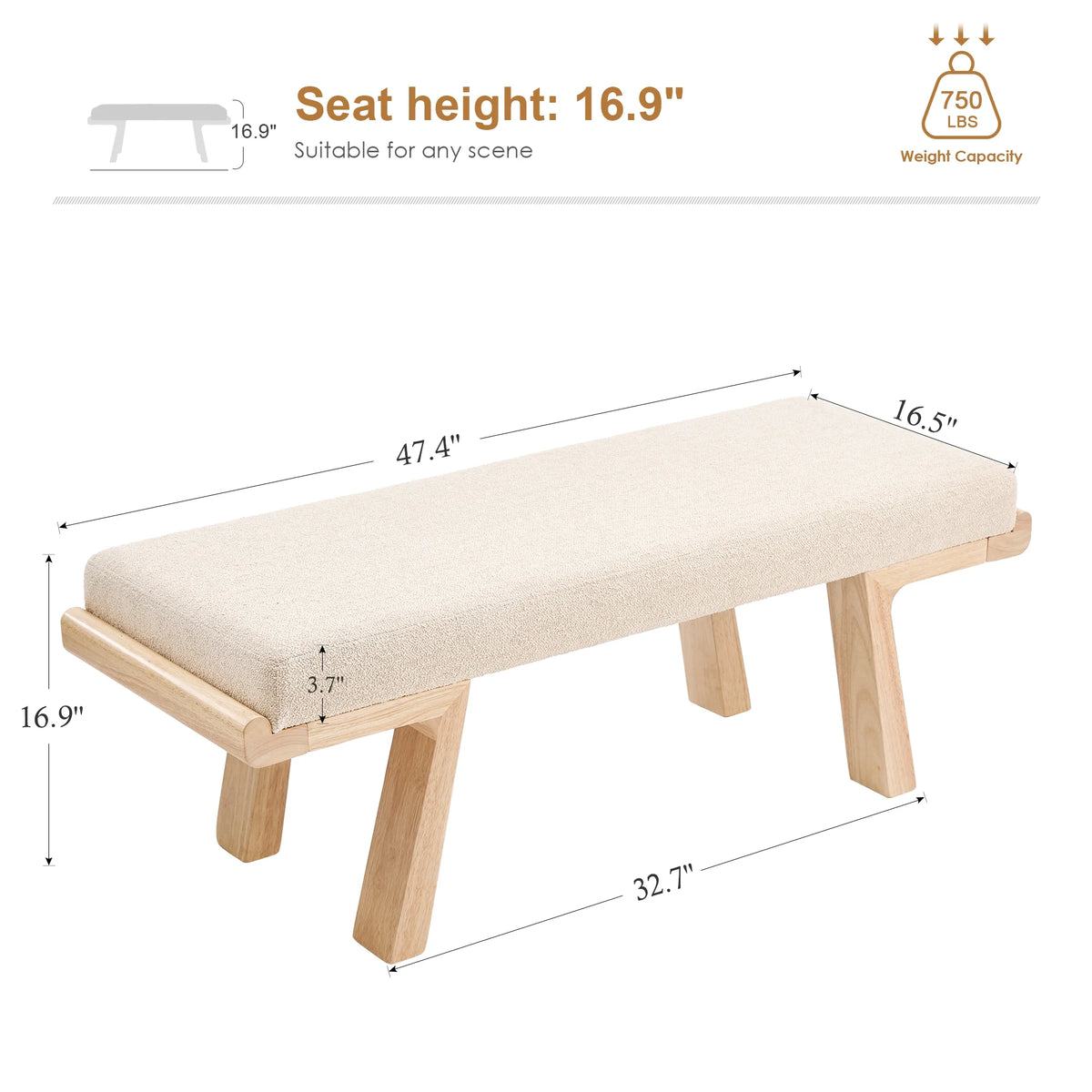 Zesthouse 47.4" Linen Upholstered Bench, Entryway Bench with Solid Wood Legs, Modern Ottoman Bench for Living Bedroom Room, Beige