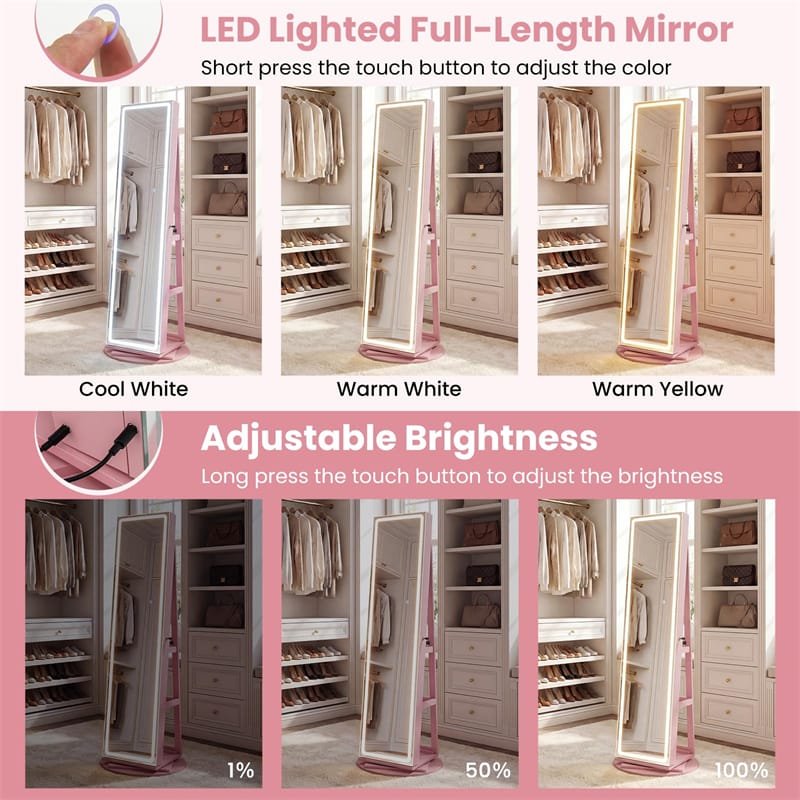 360° Swivel Jewelry Cabinet Armoire w/ Full Length Mirror 3-Color LED Lights & Rear Shelves, Lockable Standing Jewelry Storage Organizer