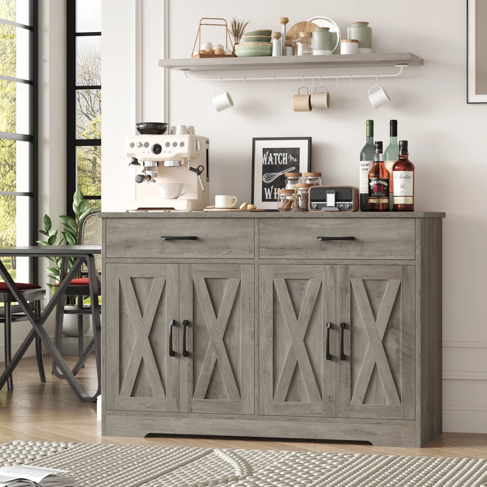 Hiphuta 47"farmhouse Sideboard Storage Cabinets with 4 Doors & 2 Drawers, Coffee Bar with Brown Top for Living Room, White