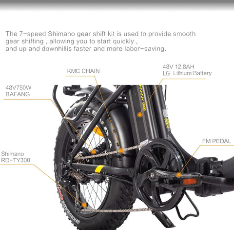 Folding Electric Bike for Adults, Ebikes for Adults 7 Speed Powerful 750W BAFANG Motor 20" 4.0 Fat Tire Foldable Mountain Snow Ebikes with Removable Lithium Battery