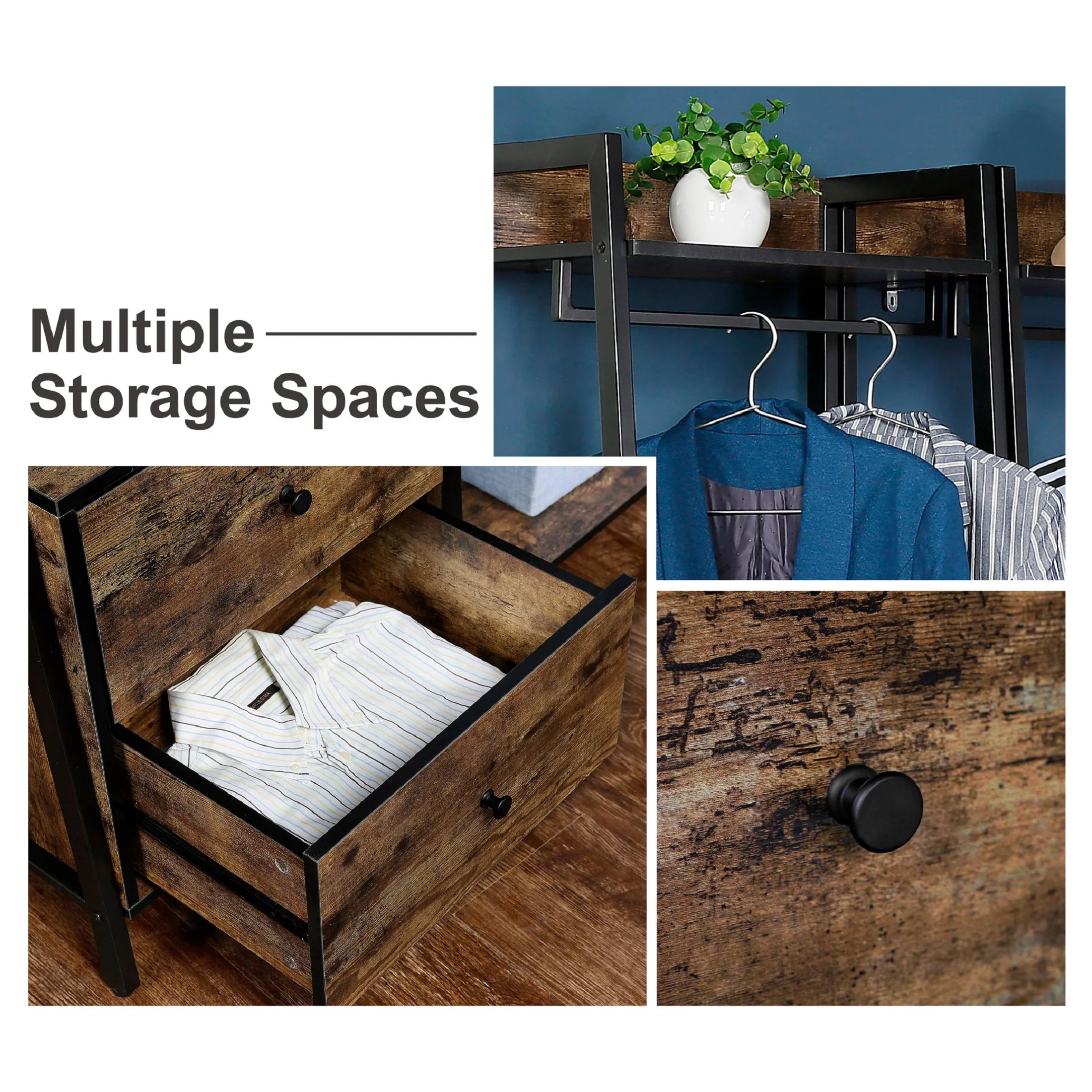 JJS 33" Entryway Coat Rack, Industrial Rustic Hall Tree Shoe Bench with Storage Drawers and Shelf for Hallway, Wood Look Accent Furniture with Metal Frame, Rustic Brown