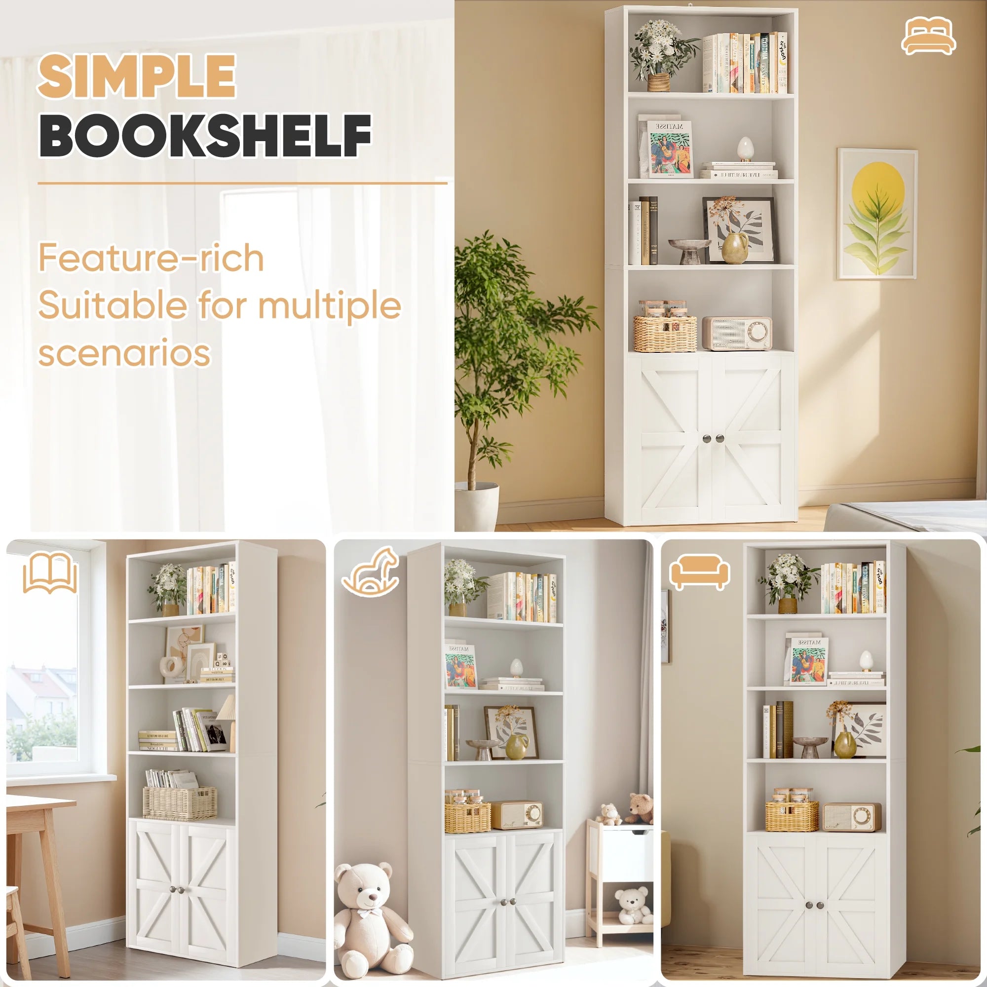 Furmax 1 Piece 4 - Shelf Farmhouse Bookcases 4 - Tier Bookshelf with Adjustable Shelves&Doors, Storage Cabinet for Home Living Room, Kitchen, Office, White