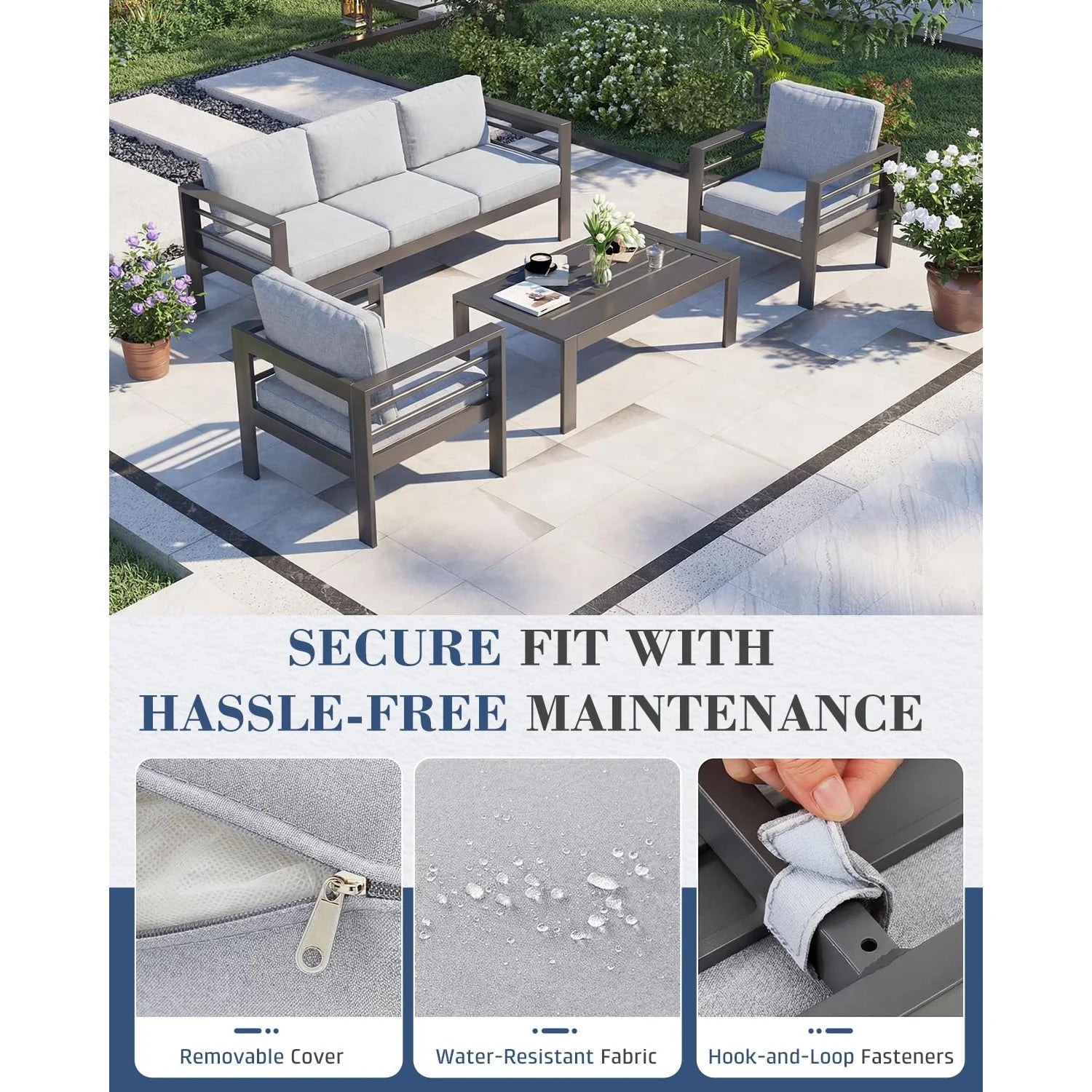 AECOJOY Aluminum Patio Furniture Set, 4 Pieces Outdoor Sectional Sofa Set, Light Gray