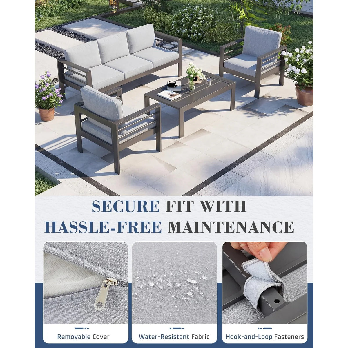 AECOJOY Aluminum Patio Furniture Set, 4 Pieces Outdoor Sectional Sofa Set, Light Gray