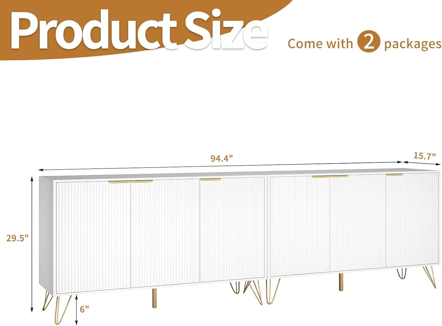 Fluted TV Stand for 100 in TV, Modern TV Stand Console, White Entertainment Center with Storage Cabinets, Adjustable Shelves & Gold Handles, Wood Media Cabinet for Living Room