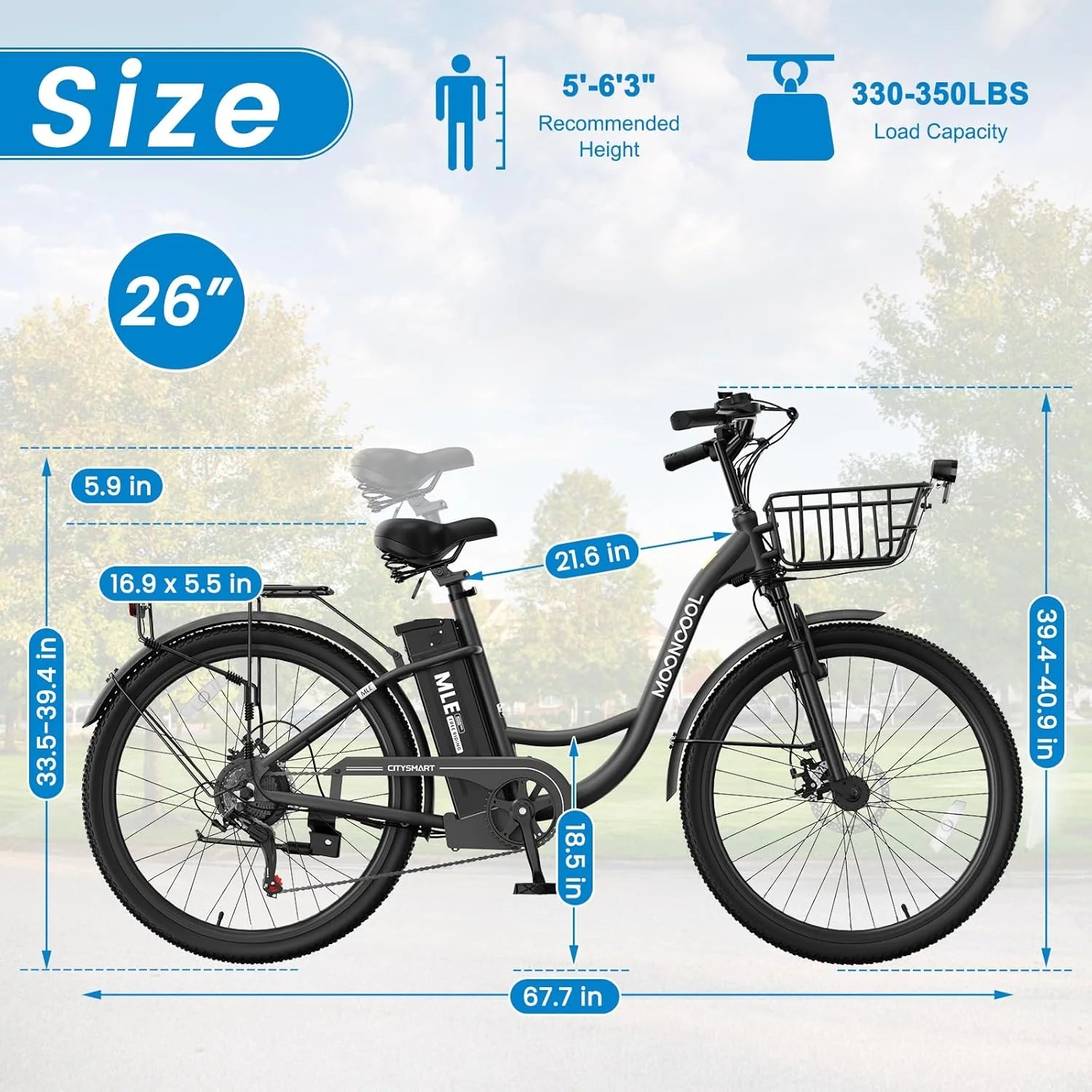 MOONCOOL Electric Bicycle for Adults 350W, 7 - Speed Ebike with 36V 10.4ah Removable Battery， 40 Miles Range, 20 Mph Electric Commuter Bike for Women Men, Certified to UL 2849 by SGS
