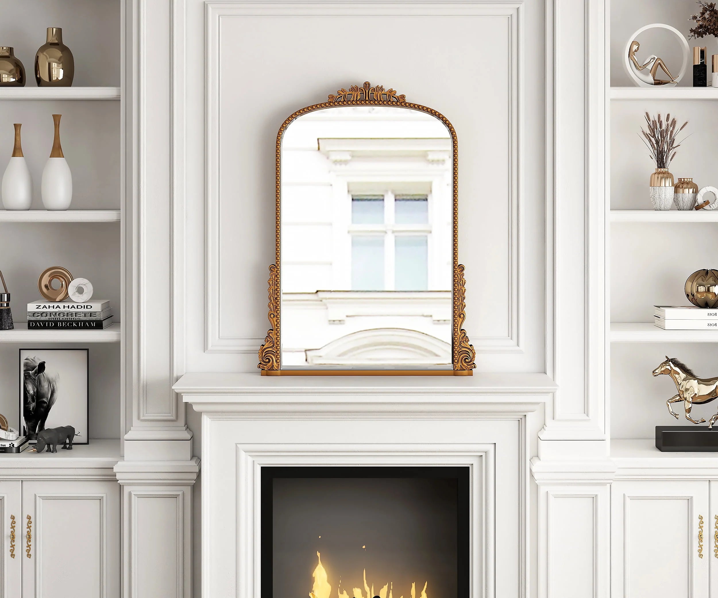 Traditional Baroque Arch Wall Mirror Antique Gold Mirror Wall Decor for Living Room Home 31.5" x 23.6''