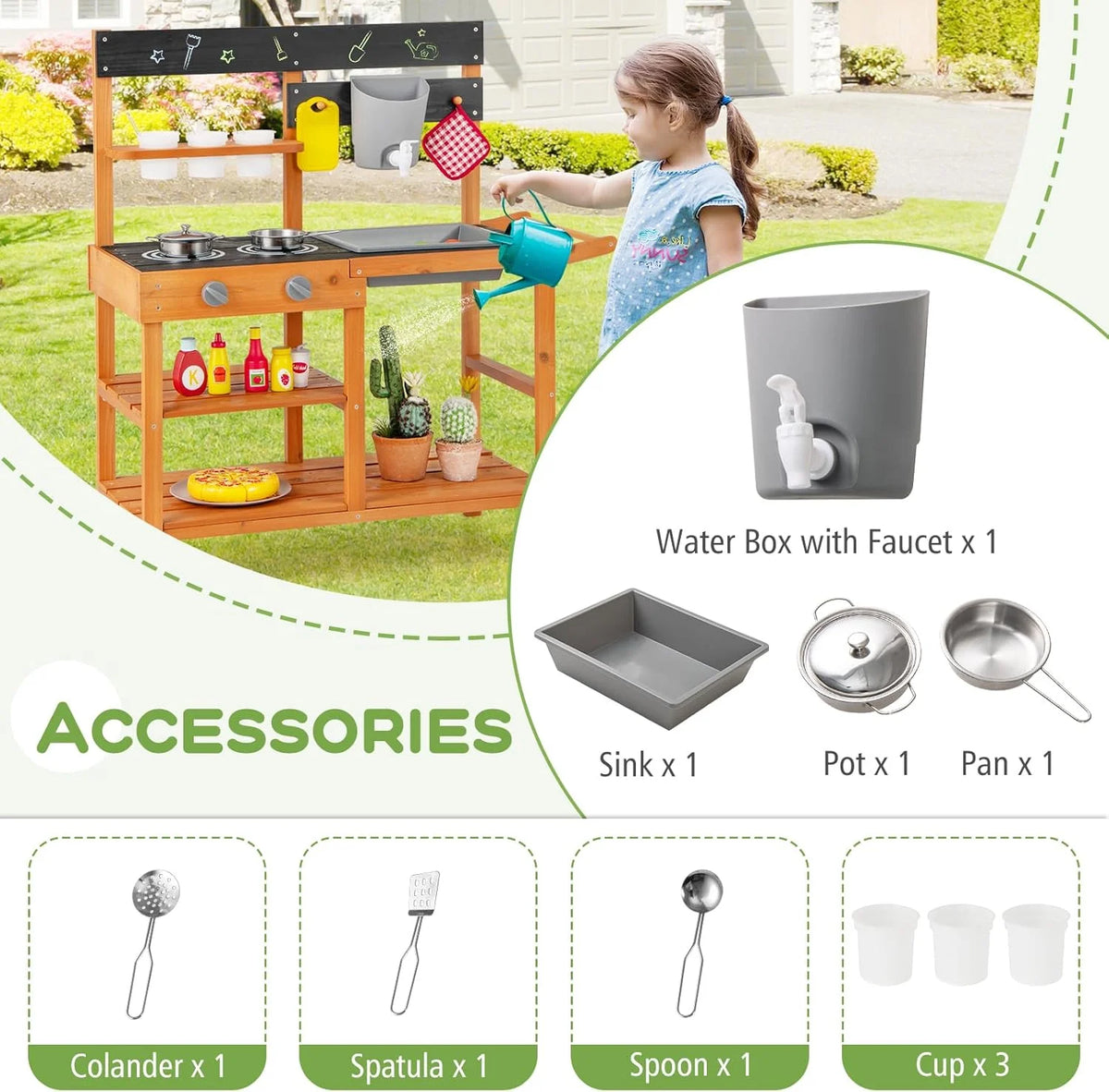 OLAKIDS Mud Kitchen, Outdoor Play Kitchen with Wheels 3 Cups Removable Sink Cooking Accessories Wooden Kids Kitchen Playset Backyard Garden Toys Gift for Boys Girls Ages 3+
