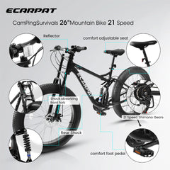 Ambifirner 26" Fat Tire Mountain Bike with Full Suspension - 4" Wide All - Terrain Tires & Shimano 21 - Speed Drivetrain - Outdoor Bike for Men/Women 85% Pre - Assembled Durable Design
