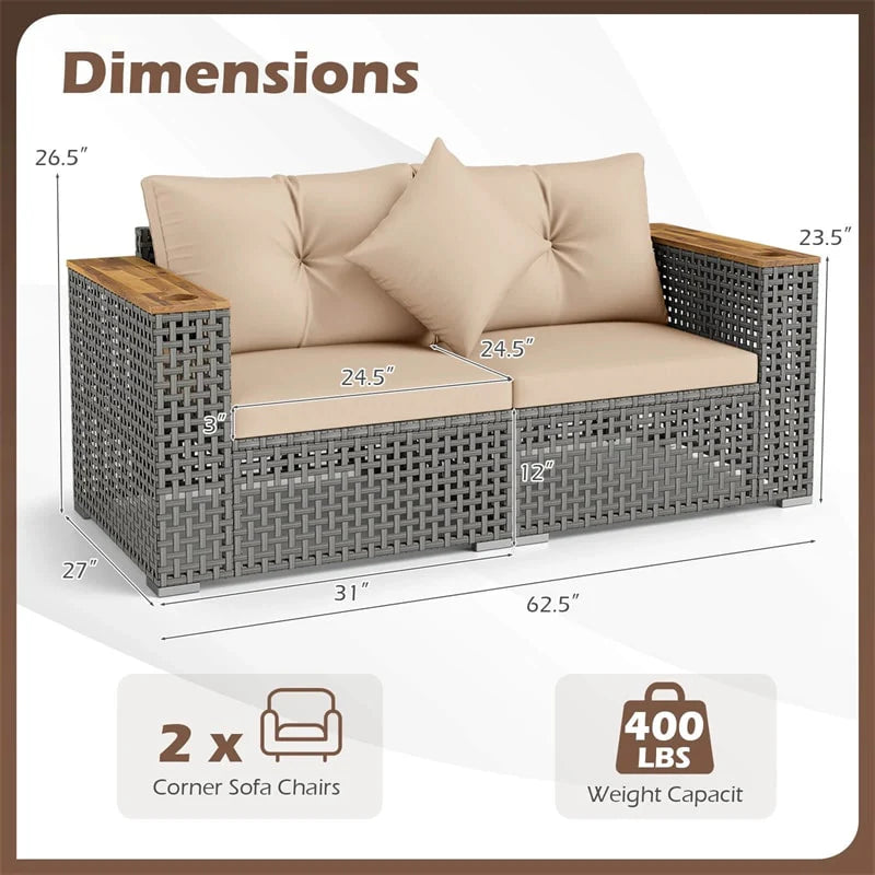 62.5" Patio Wicker Loveseat w/ Acacia Wood Armrests & Cup Holders, 2PCS Modular Rattan Corner Sectional Sofa w/ Cushions & Pillows for Backyard