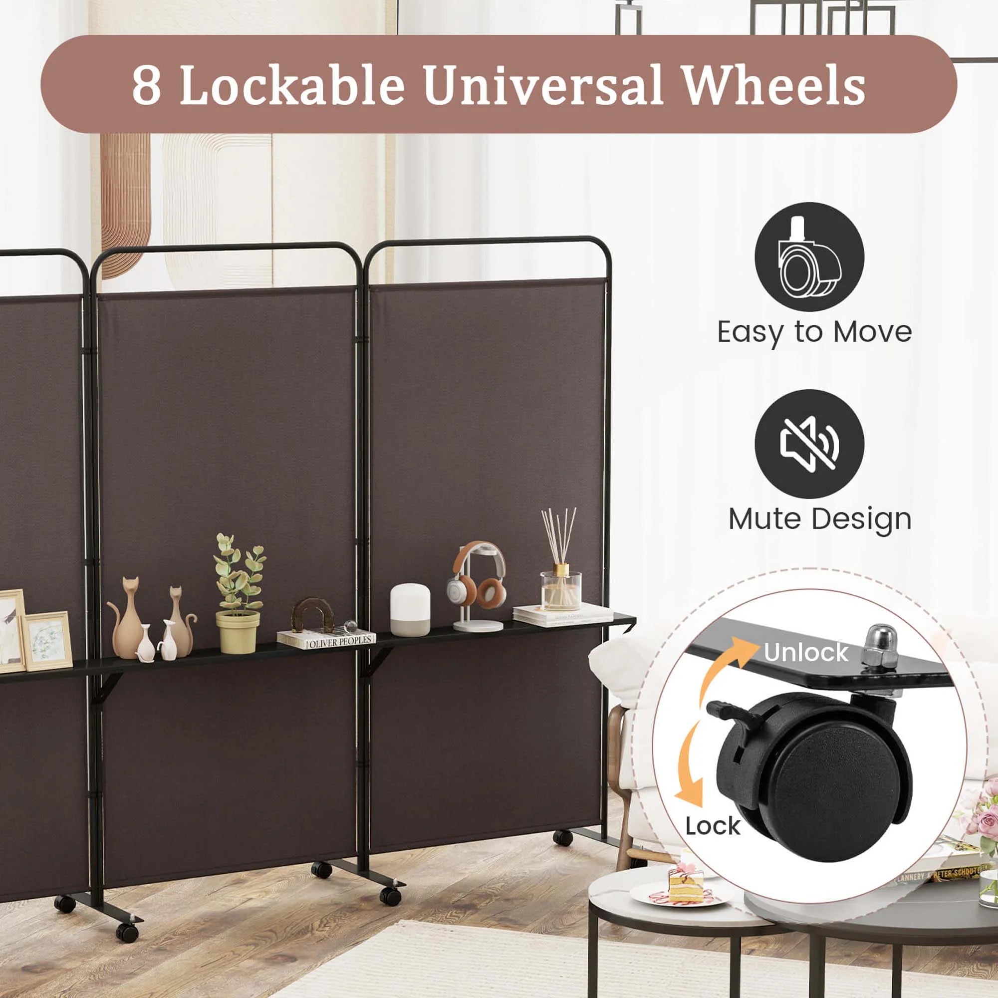 Costway 3 - Panel Room Divider with Storage Shelves 6FT Tall Folding Privacy Screen on Wheels Black