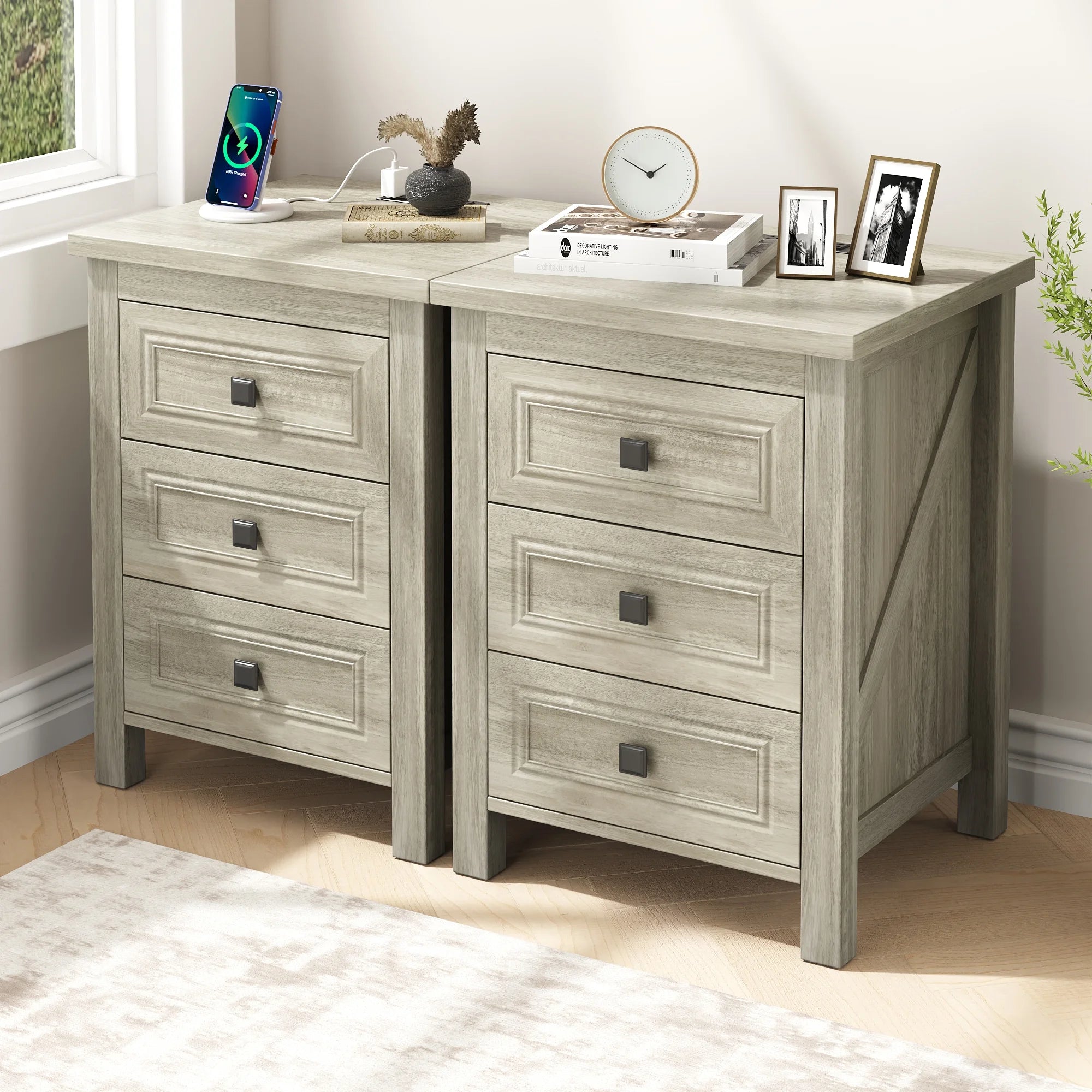 IDEALSOUL Nightstand, Bedside Table with Charging Station, Farmhouse 3 Drawer Nightstand Rustic Night Stand End Tables for Bedroom Living Room, Gray